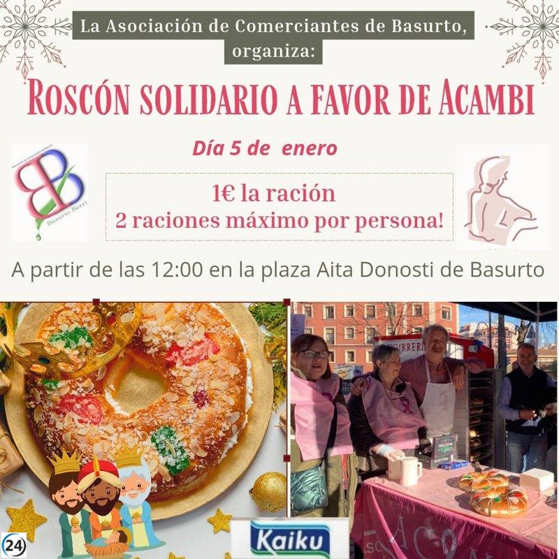 Comerciantes de Basurto Berri colaboran con Acambi en reparto benéfico de roscón de Reyes.