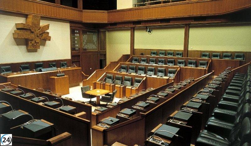 Estudiantes celebran simulacro de pleno en Parlamento vasco abordando ley de Transición Energética y Cambio Climático.